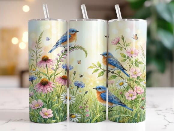 Bluebird Spring Flowers Meadow Tumbler Graphics