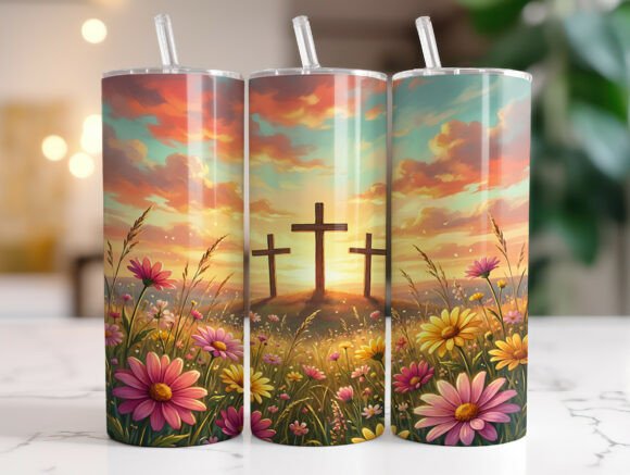 Christian Cross Wildflower Tumbler Wraps Graphics