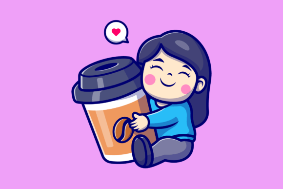 Cute Girl Hug Coffee Cup Cartoon Graphics