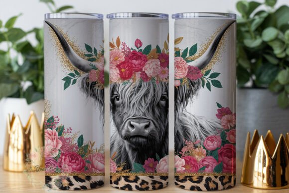 Highland Cow Pink Flowers 20oz Tumbler Graphics