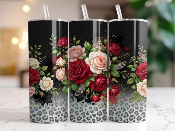 Red Pink Roses Gray Leopard Tumbler Wraps Graphics