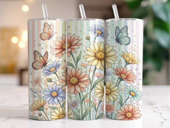 Striped Pastel Floral Butterfly Tumbler: Graphics & Wraps