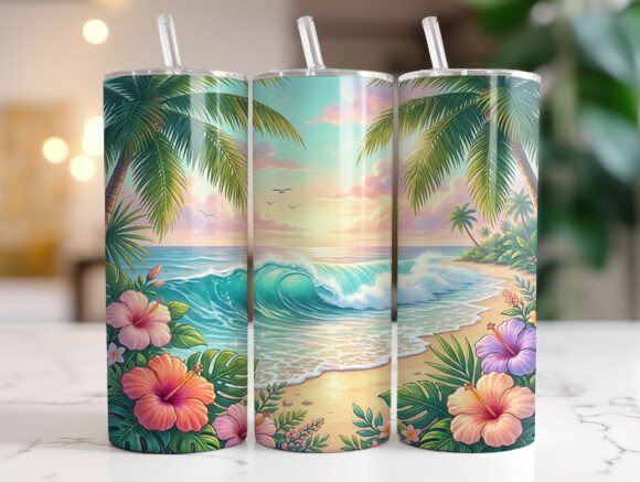 Tropical Beach Wave Hibiscus PNG for Tumbler Wraps & Graphics