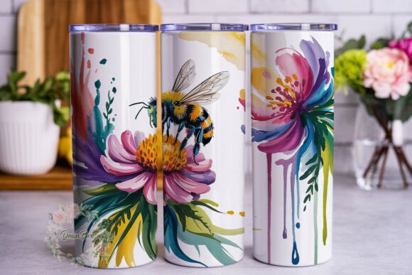 Vibrant Watercolor Bee Floral Tumbler Wraps Graphics